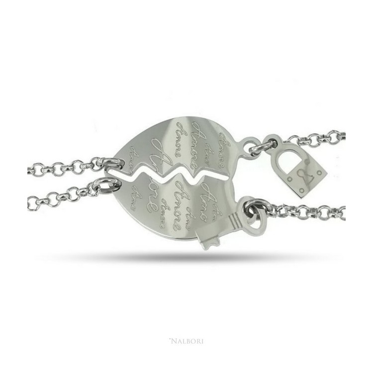 NLB|double hypoallergenic steel bracelet he her heart written "love" key padlock