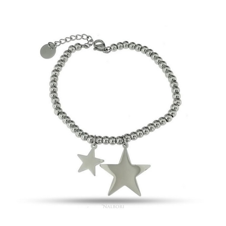NLB|bracciale acciaio anallergico palline con ciondolo stella e stellina