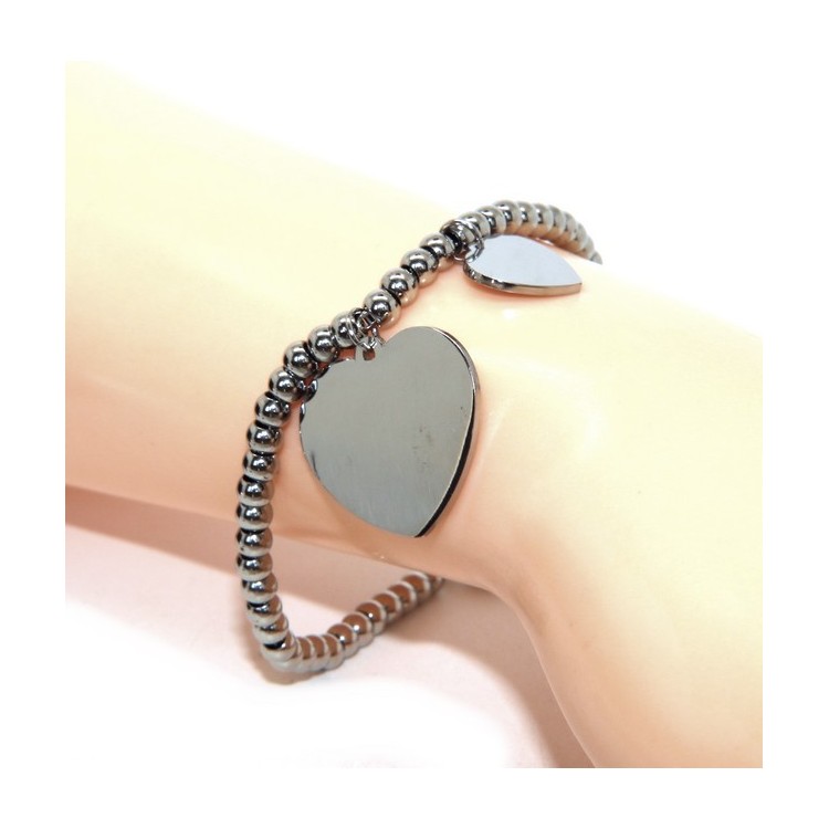 NLB|bracciale acciaio anallergico palline con ciondolo cuore grande e piccolo
