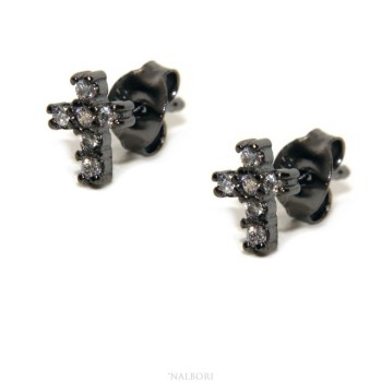 NLB|Earrings for men or women in 925 silver with small black cubic zirconia stones cross