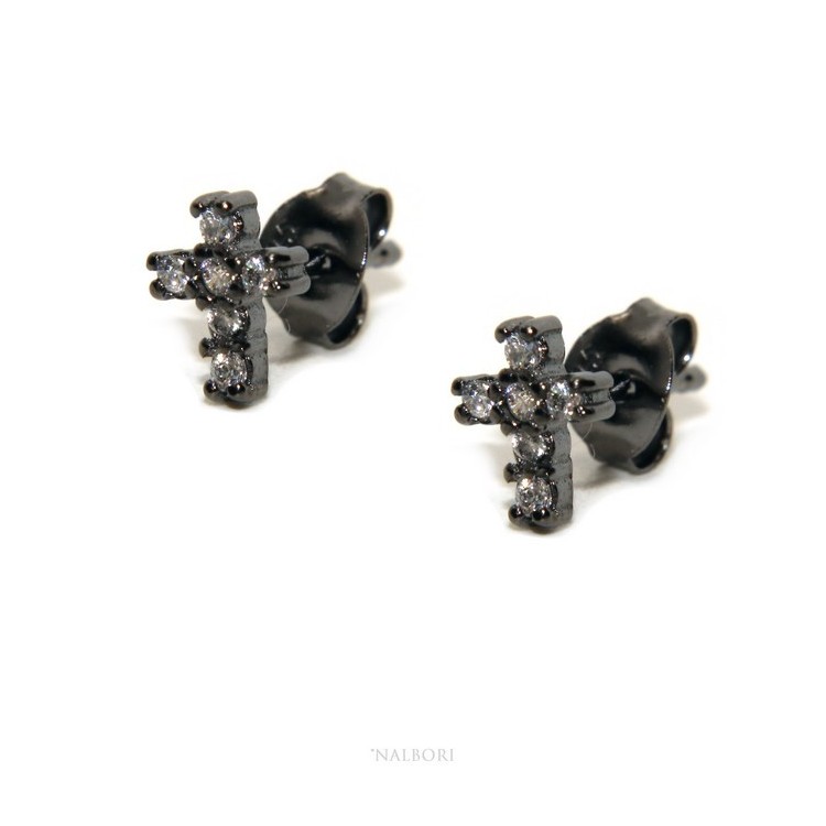 NLB|Earrings for men or women in 925 silver with small black cubic zirconia stones cross