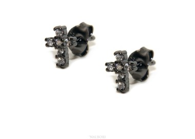 NLB|Earrings for men or women in 925 silver with small black cubic zirconia stones cross