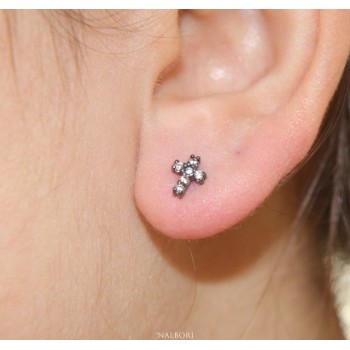 NLB|Earrings for men or women in 925 silver with small black cubic zirconia stones cross
