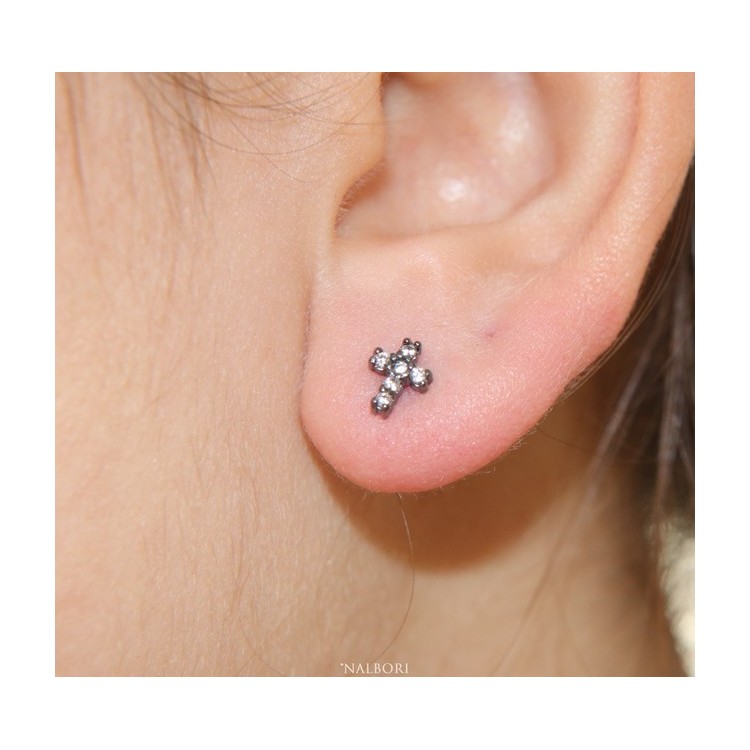 NLB|Earrings for men or women in 925 silver with small black cubic zirconia stones cross