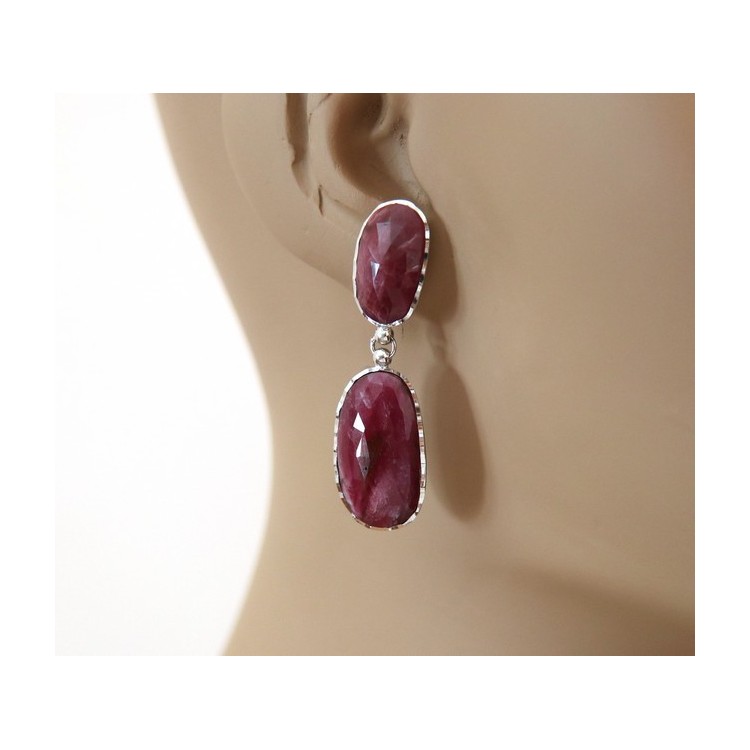 NLB|Orecchini in Argento 925 pendenti corindone naturale radice rubino sfaccettato