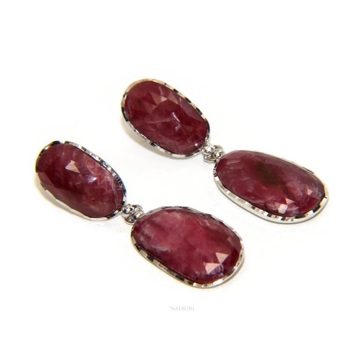 NLB|Orecchini in Argento 925 pendenti corindone naturale radice rubino sfaccettato
