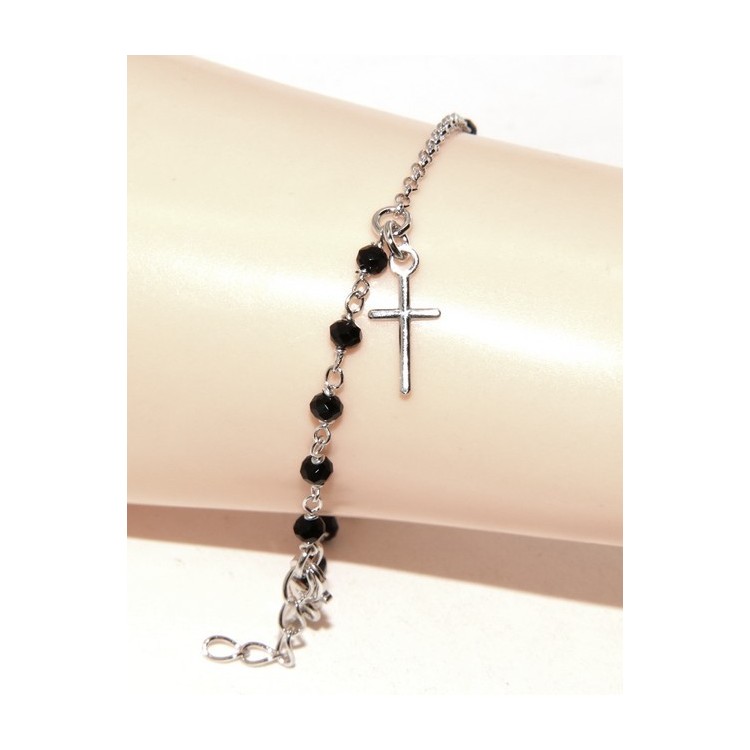 NLB|Bracciale lavorazione a rosario uomo donna in Argento 925 croce a ciondolo 15,5-18 cm