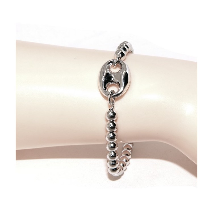 NLB|Bracciale uomo donna in Argento 925 palline 5 mm e maglia marina circonferenza polso 16,50 - 19,50 cm