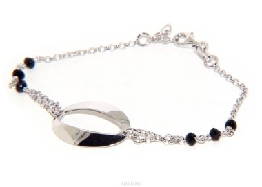 NLB|Bracciale donna ragazza Argento 925 lavorazione a rosario cristallo nero con ovale centrale 15,5 - 18 cm