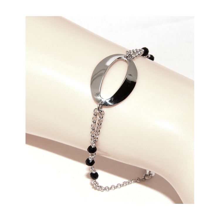 NLB|Bracciale donna ragazza Argento 925 lavorazione a rosario cristallo nero con ovale centrale 15,5 - 18 cm