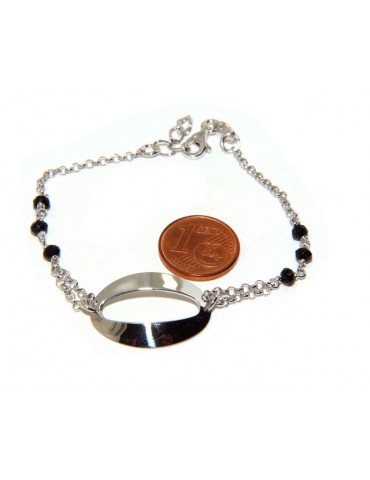 Bracciale donna ragazza Argento 925 lavorazione a rosario cristallo nero con ovale centrale 15,5 - 18 cm