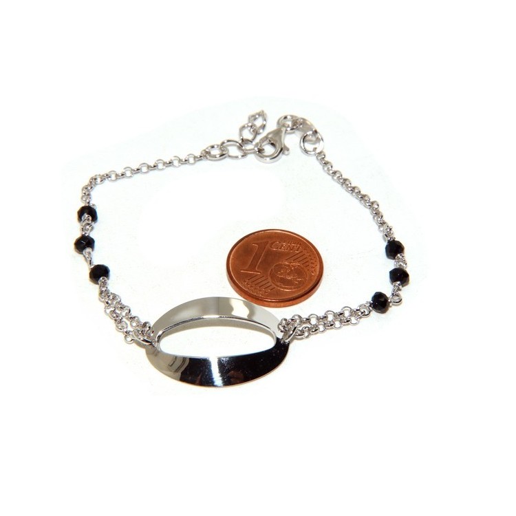 NLB|Bracciale donna ragazza Argento 925 lavorazione a rosario cristallo nero con ovale centrale 15,5 - 18 cm