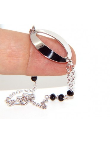 Bracciale donna ragazza Argento 925 lavorazione a rosario cristallo nero con ovale centrale 15,5 - 18 cm