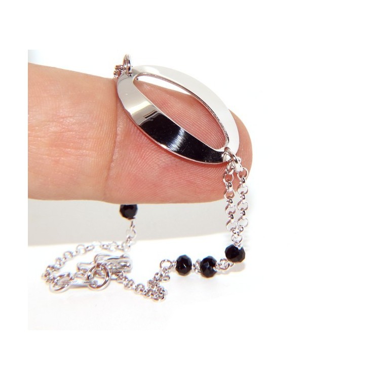 NLB|Bracciale donna ragazza Argento 925 lavorazione a rosario cristallo nero con ovale centrale 15,5 - 18 cm