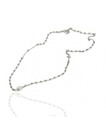 Collana rosario uomo o donna in Argento 925 palline 3 mm croce madonna miracolosa rodio