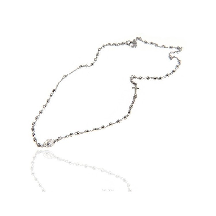 NLB|Man or Woman Rosary Necklace in 925 Sterling Silver Balls 3 mm Miraculous Madonna Cross