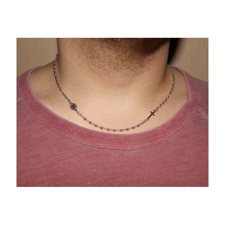 NLB|Man or Woman Rosary Necklace in 925 Sterling Silver Balls 3 mm Miraculous Madonna Cross