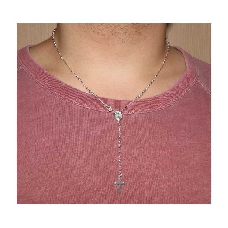 NLB|Rosary necklace man or woman in Sterling Silver 3mm balls miraculous madonna cross