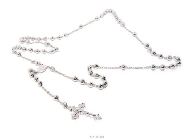 NALBORI official store Rosary necklace for men or women in 925 sterling silver cross worked balls 5 mm 67 cm Rhodium