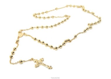 NLB|Collana rosario uomo o donna in Argento 925 croce lavorata palline 5 mm 67 cm Bagno oro Giallo 18kt nalbori