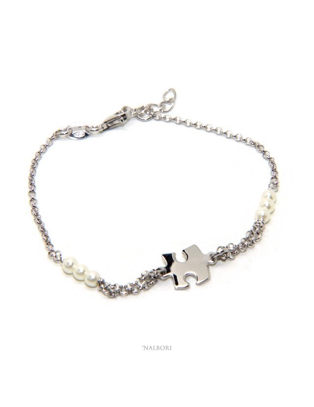 Bracciale uomo donna ragazzo Argento 925 lavorazione a rosario perle di vetro bianche con puzzle centrale 16,00-19,00 cm Bracciale uomo donna ragazzo Argento 925 lavorazione a rosario perle di vetro bianche con puzzle centrale 16,00-19,00 cm