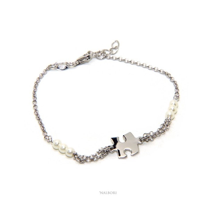 NLB|Bracelet man woman boy Silver 925 rosary working white glass beads with central puzzle 16.00-19.00 cm