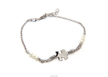 NLB|Bracelet man woman boy Silver 925 rosary working white glass beads with central puzzle 16.00-19.00 cm