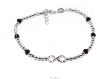 NLB|Bracciale uomo Argento 925 cristallo nero palline infinito 18,50 - 21 cm