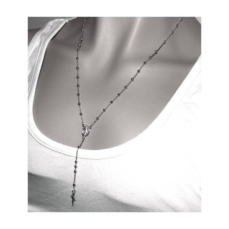 NLB|Collana rosario uomo o donna in Argento 925 palline 3 mm croce liscia galvanica oro bianco.
