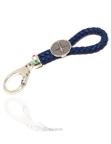 Key ring man or woman in solid 925 silver and navy blue leather KeyRing wind rose hook