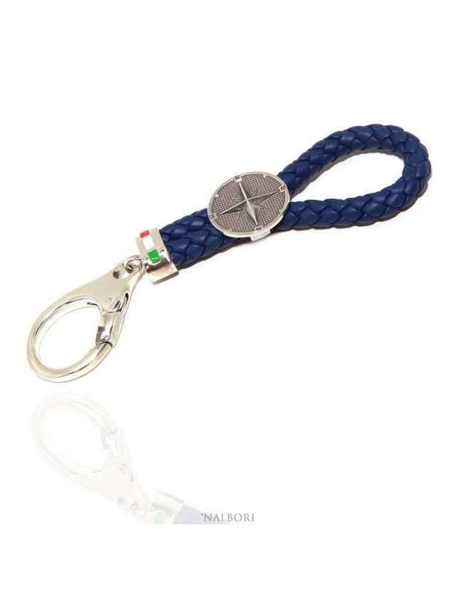 Portachiavi uomo o donna argento 925 massiccio e pelle blu navy KeyRing rosa dei venti gancio Portachiavi uomo o donna argento 925 massiccio e pelle blu navy KeyRing rosa dei venti gancio