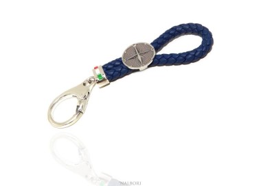 NLB|Portachiavi uomo o donna argento 925 massiccio e pelle blu navy KeyRing rosa dei venti gancio