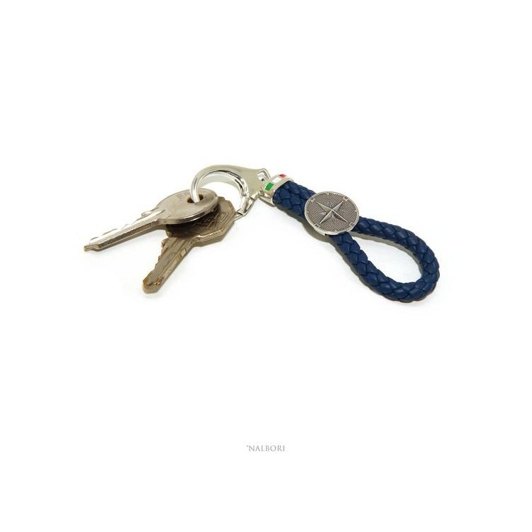 NALBORI Portachiavi uomo o donna argento 925 massiccio e pelle blu navy KeyRing rosa dei venti gancio