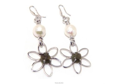 NLB|Earrings in 925 sterling silver natural corundum root emerald baroque pearl flower nalbori