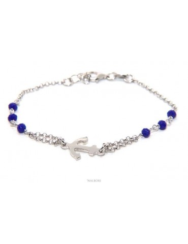 NALBORI Bracciale uomo donna Argento 925 lavorazione a rosario cristallo blu navy con ancora centrale 16,00-19,00 cm