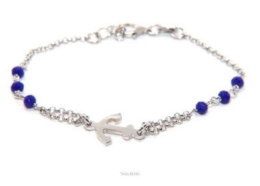 NALBORI Bracciale uomo donna Argento 925 lavorazione a rosario cristallo blu navy con ancora centrale 16,00-19,00 cm