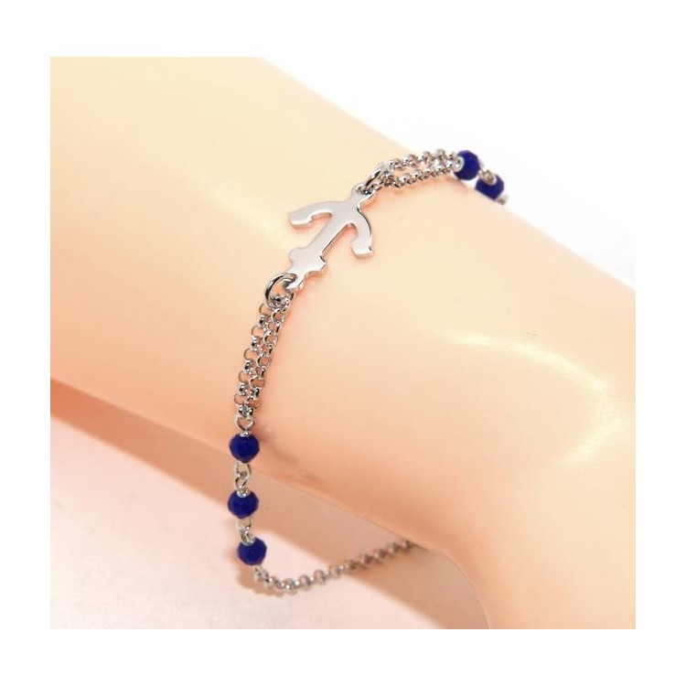 NLB|Bracelet man woman Silver 925 rosary crystal blue navy with central anchor 16.00-19.00 cm