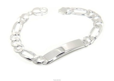 NLB|Men's plaque bracelet in light 925 silver, solid with 10 mm figaro chain, wrist circumference 20.5 cm