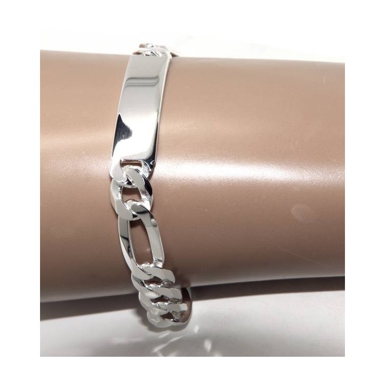 NLB|Men's plaque bracelet in light 925 silver, solid with 10 mm figaro chain, wrist circumference 20.5 cm