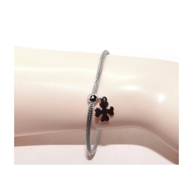 nalbori Braccialetto Argento 925 fox tail cavetto per donna o uomo ciondolo quadrifoglio cm 16 - 19,50