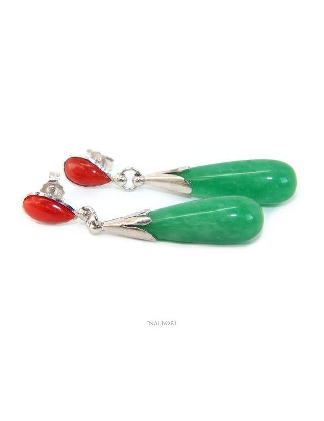 Orecchini donna in Argento 925 con con goccia di corallo rossa e pendeloque di giada Orecchini donna in Argento 925 con con goccia di corallo rossa e pendeloque di giada