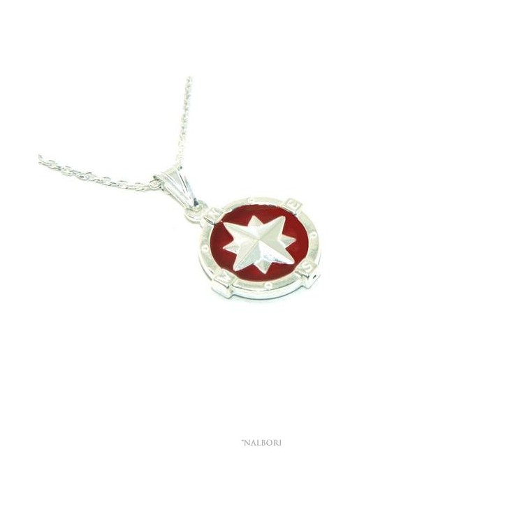 NLB|Sterling silver fortified man necklace with red enamel rose wind pendant