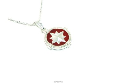 NLB|Sterling silver fortified man necklace with red enamel rose wind pendant