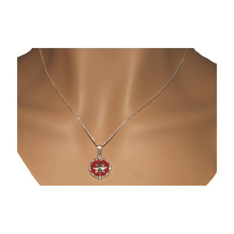 NLB|Collana uomo forzatina argento 925 con pendente rosa dei venti smalto rosso