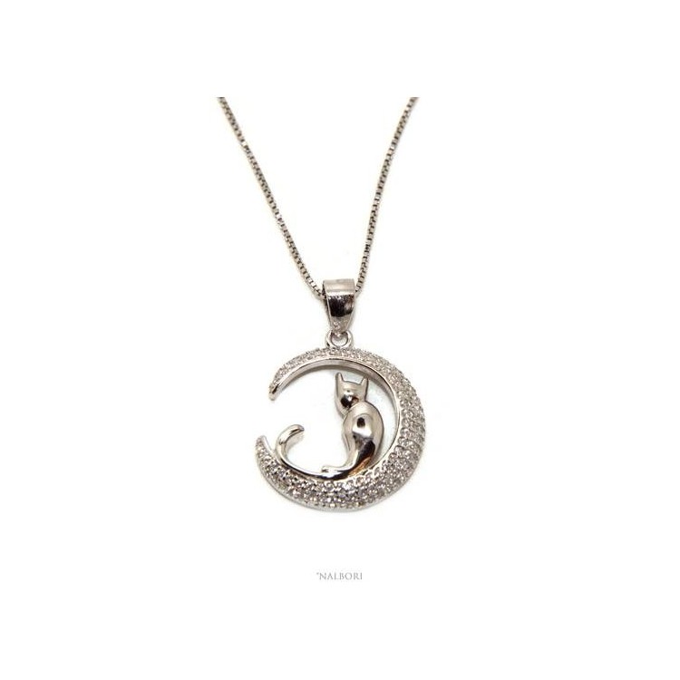 NLB|Argento 925 : Collana Collier donna veneziana con ciondolo gatto luna 19mm nalbori