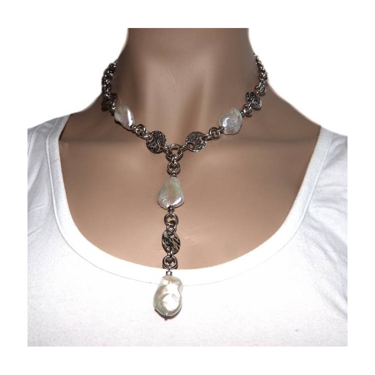 NLB|Collana collier argento 925 da donna con grandi perle barocche naturali vere