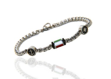 NLB|Bracciale Acciaio uomo donna anallergico ancora rosa dei venti bandiera italiana smaltata 19 cm