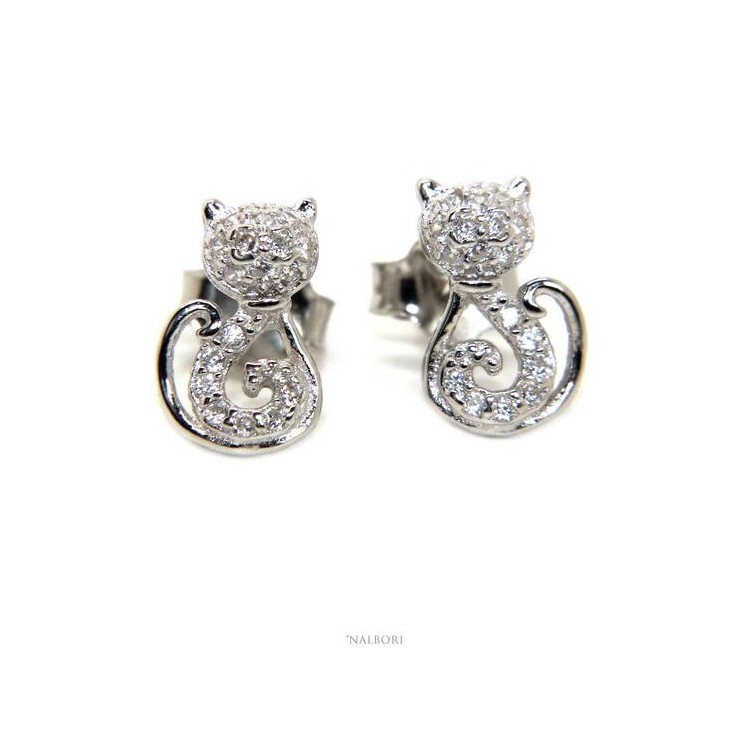 NLB|earrings woman 925 silver with white zircons cat stylized kitten contrariè NALBORI