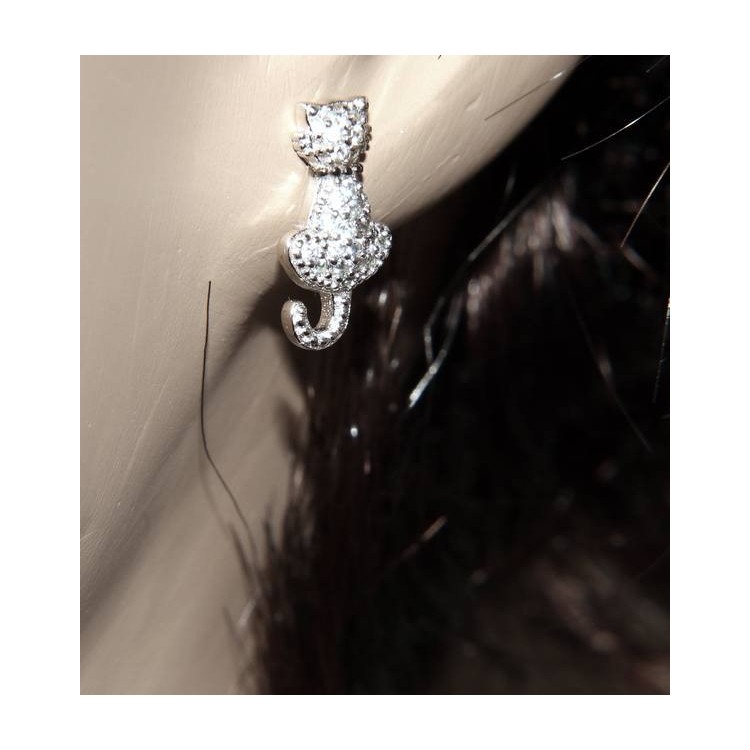 NLB|women's earrings 925 silver cat kitten contrariè pavé of white cubic zirconia