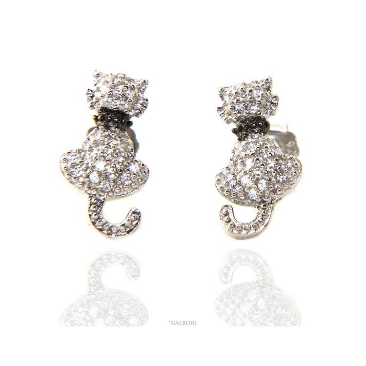 NLB|woman earrings 925 silver with white cubic zirconia cat kitten contrariè leash